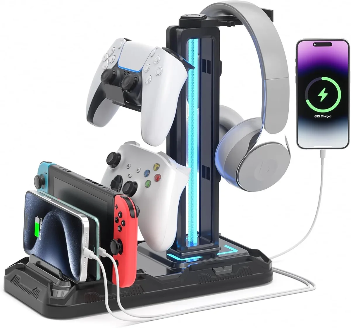 BFKK BFKK Headset Stand Charging Station 9 Light Modes Detachable Controller Holder USB A&amp;C Ports — product photo