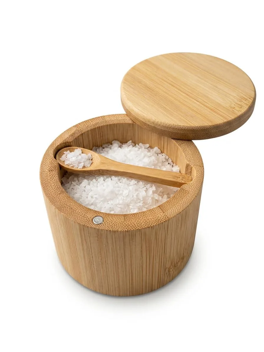 Natural bamboo salt cellar with magnetic swivel lid and matching spoon