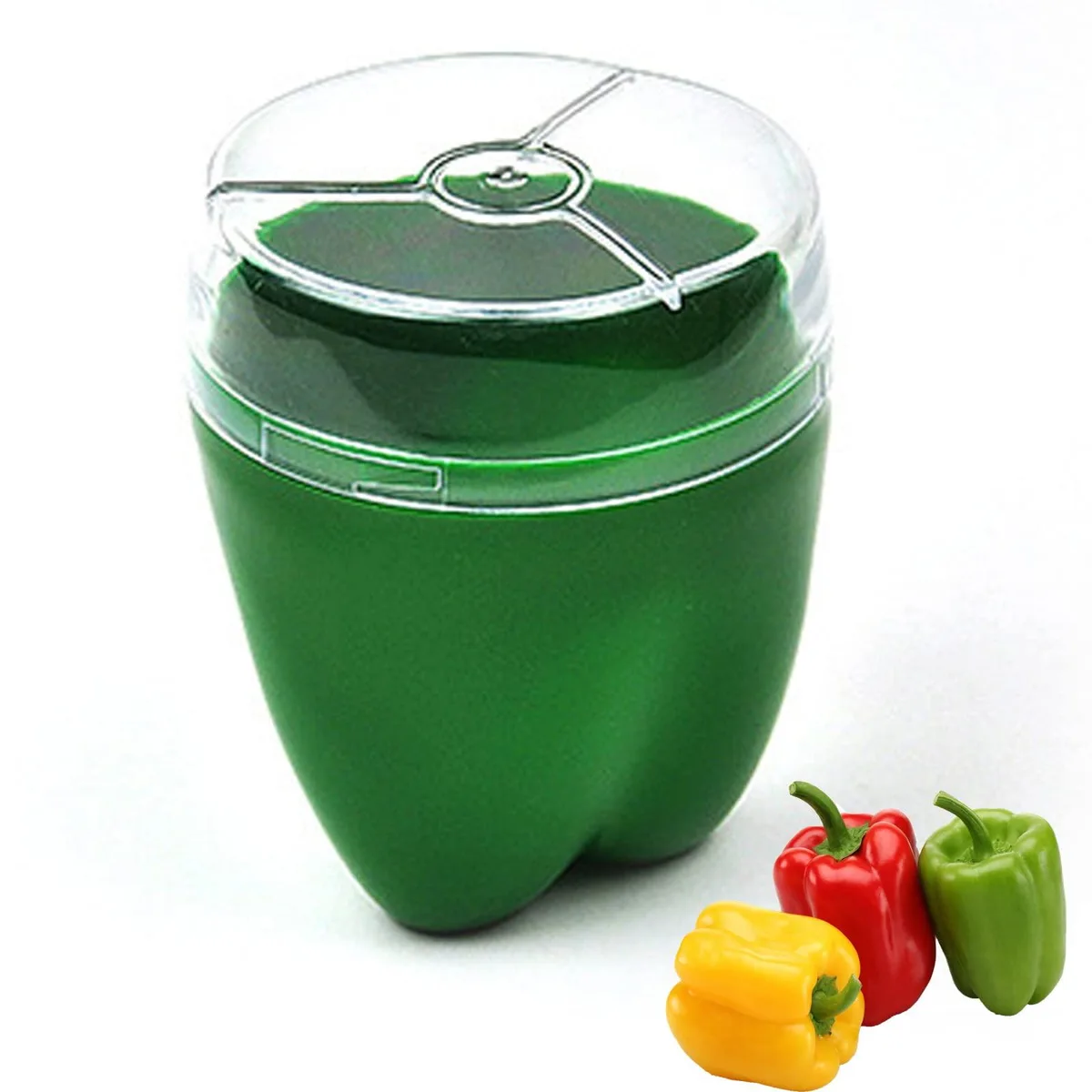 Green pepper-shaped food storage container with transparent lid, 3.5 by 4.7 inches
