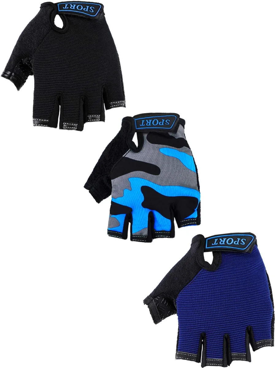 Vibe Kids Half Finger Bike Gloves 3 Pairs Adjustable Strap Non-Slip Gel Palm 8-12 Years — product photo