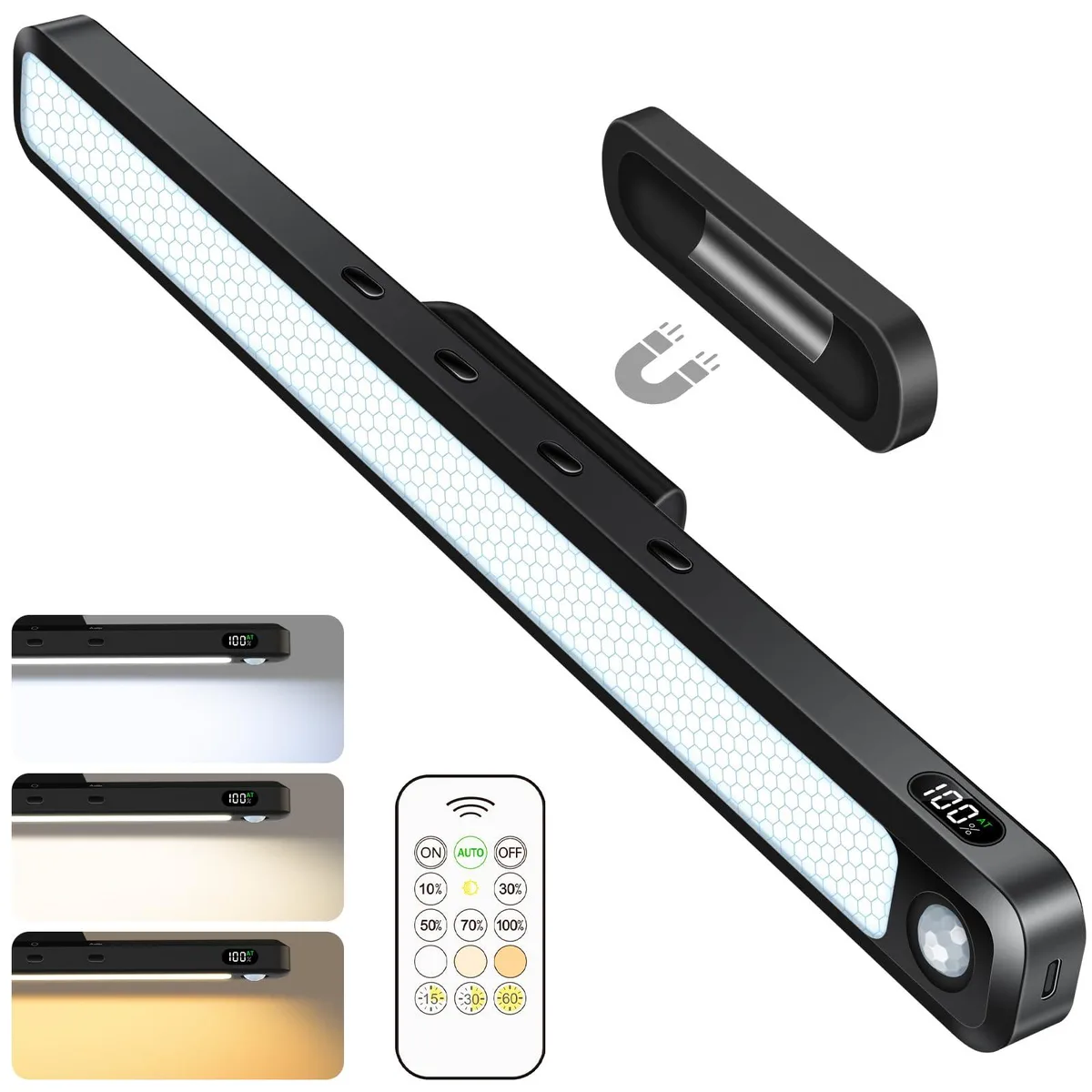 Slim white LED bar with magnetic bases, remote and USB-C cable