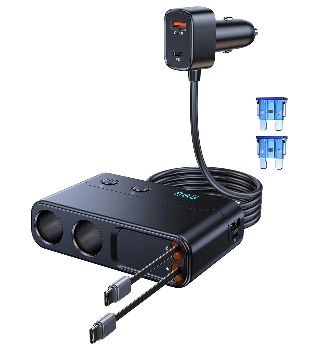  TESSAN 8-in-1 Retractable Car Charger 141W 2 Sockets PD30W QC3.0 LED Grey — product photo