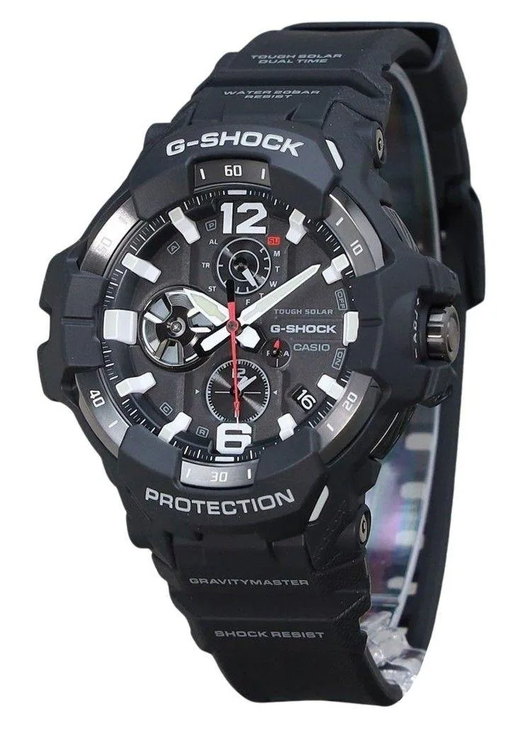 Round carbon case with black analog dial, bio-based resin strap, 59 by 54.7 mm