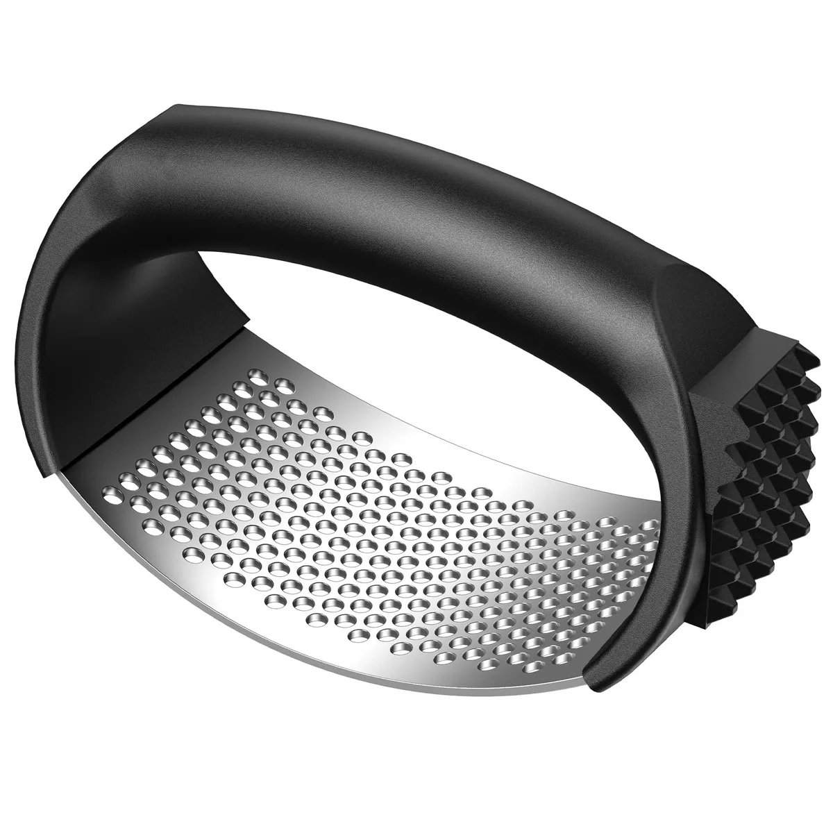 Stainless steel garlic rocker with arc-shaped silicone handle