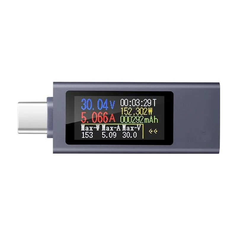Compact USB-C power meter with colour screen showing voltage current and power readings
