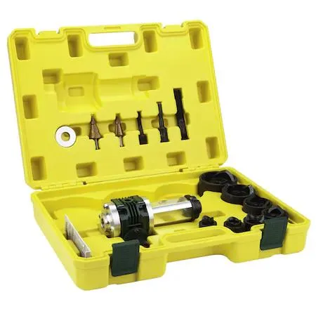 Transparent case holding a 16-piece gear punch tool kit