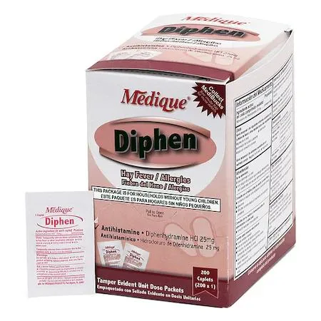 White cardboard box containing 200 small white tablets in individual packets