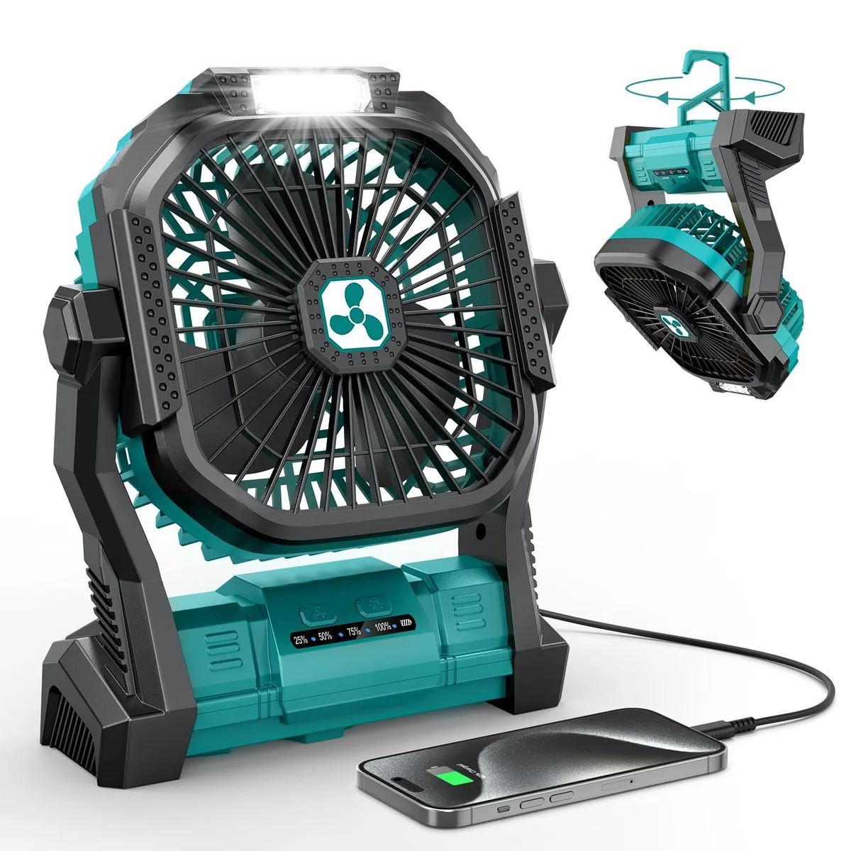 Green portable fan with silver metal blades and built-in LED lantern