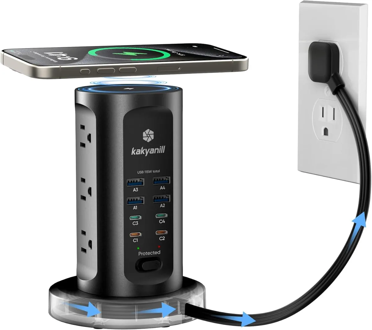 BFKK BFKK 115W Power Adapter Tower 9 AC 8 USB 6ft Retractable Cord Black — product photo