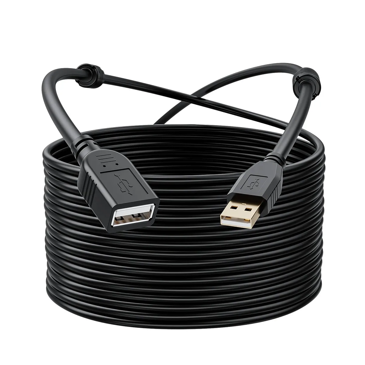 A ten-metre black USB 2.0 active extension cable with a male Type-A plug on one end and a female Type-A port on the other
