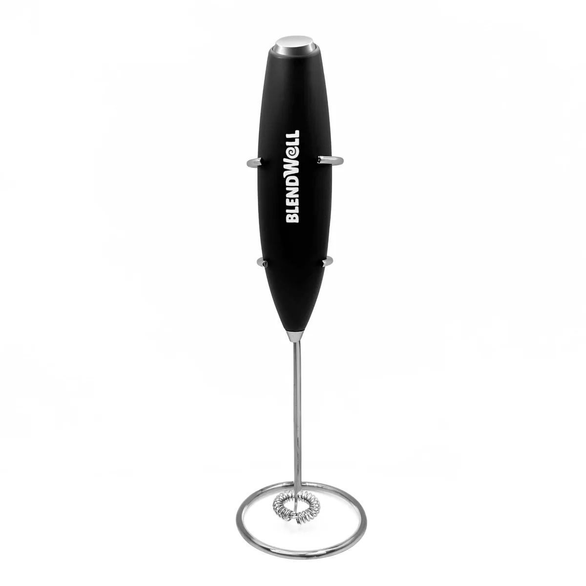 Black handheld electric milk frother with stainless steel whisk and stand