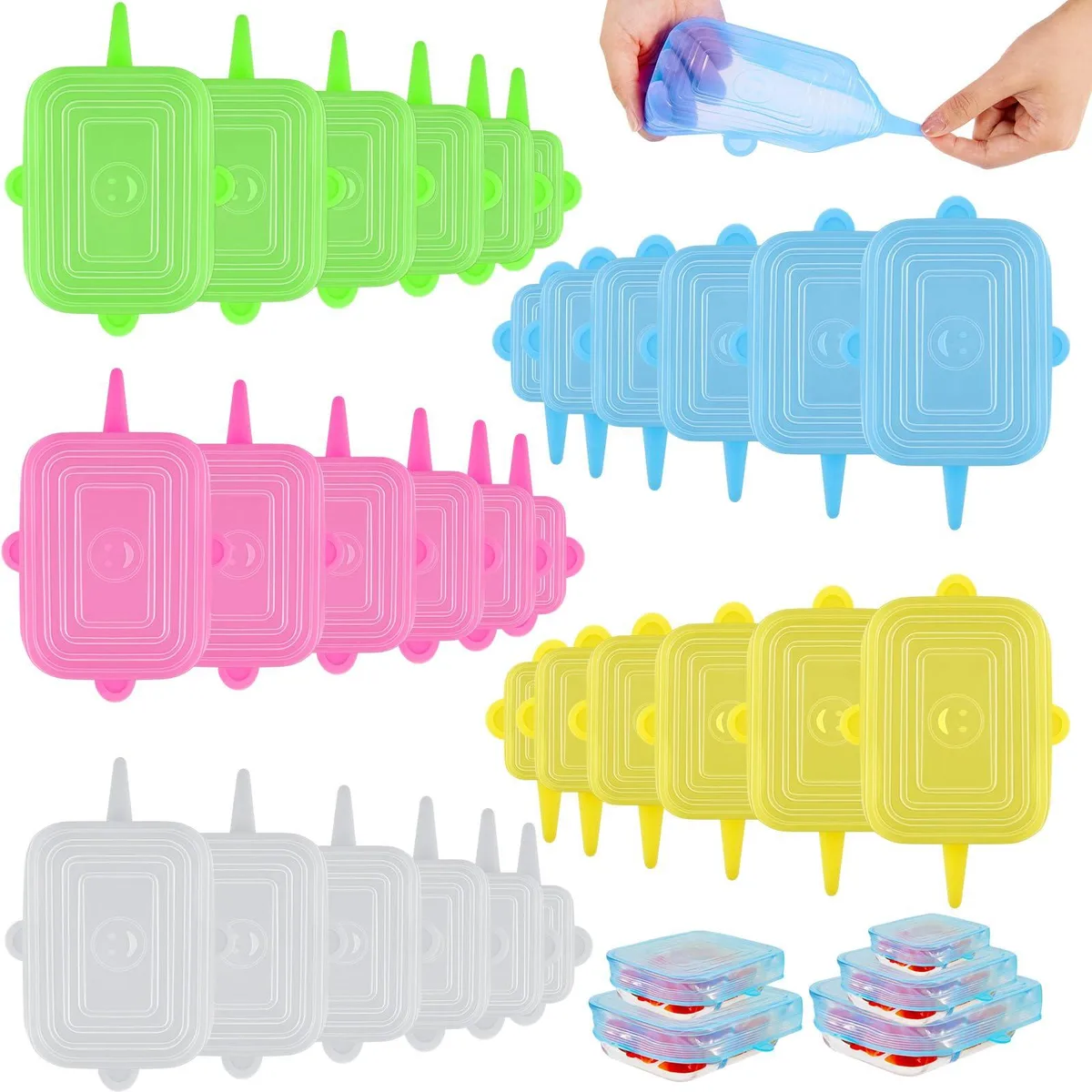 Thirty rectangular silicone stretch lids in assorted colours laid flat