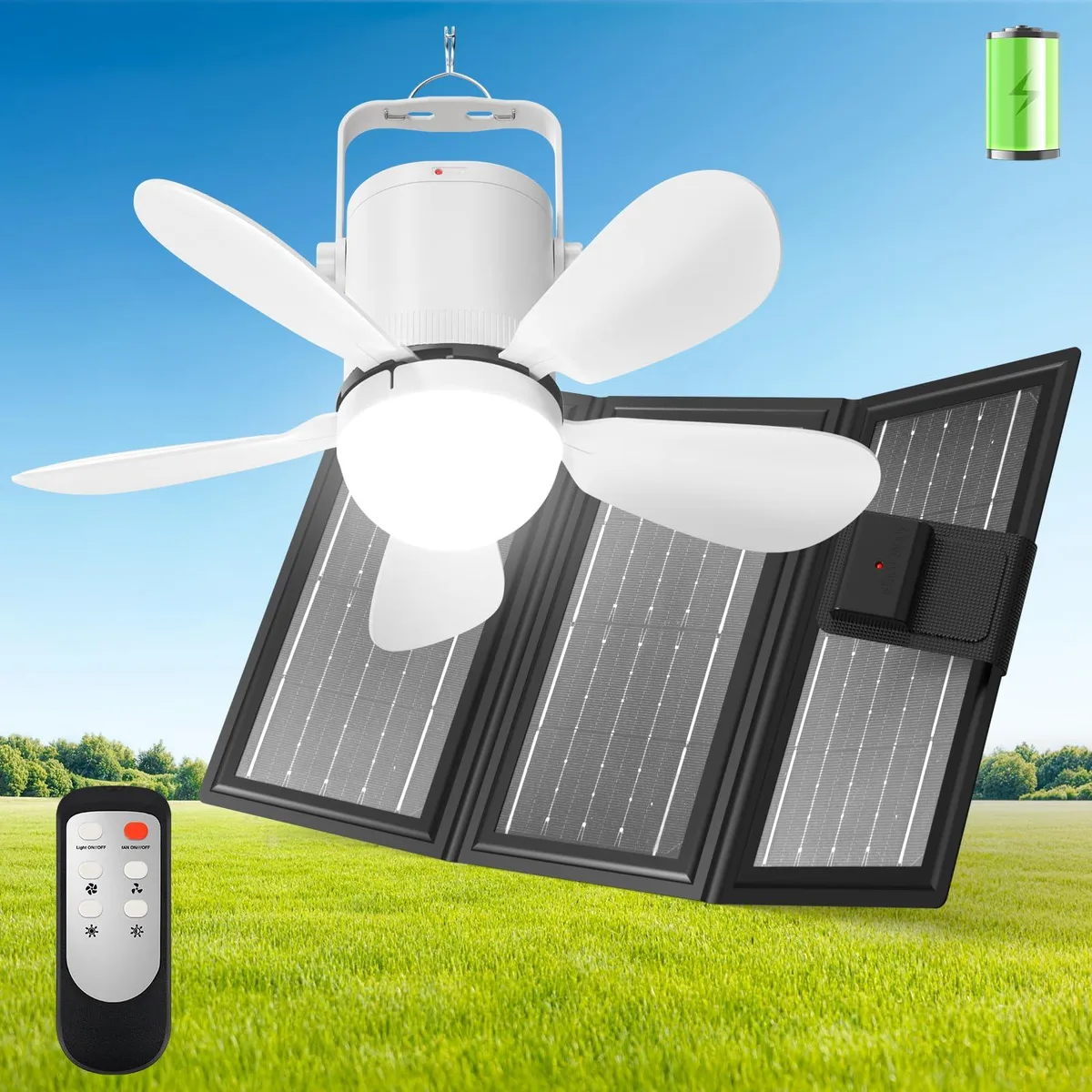 Silver 17 inch outdoor ceiling fan with five silver blades, foldable solar panel and remote control