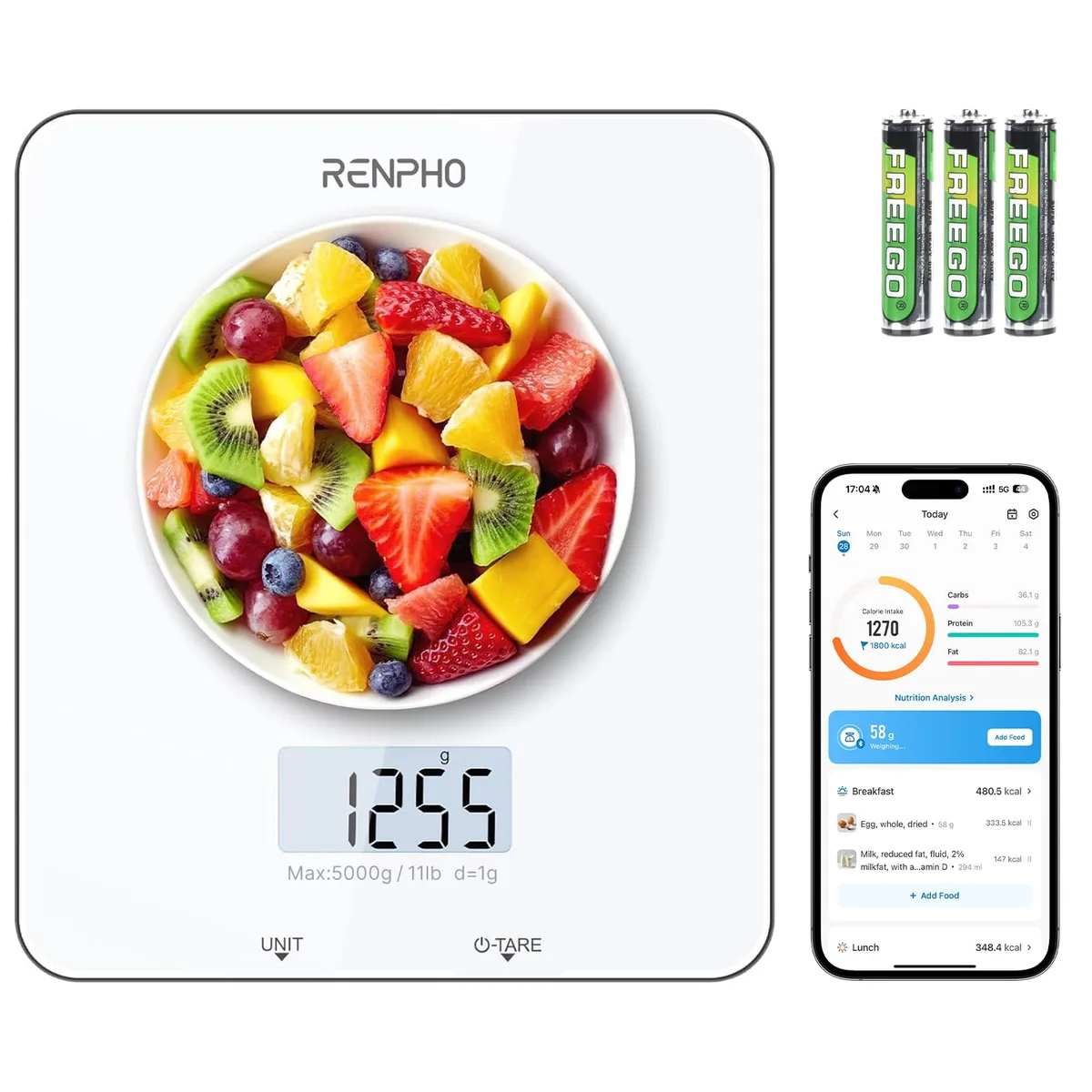 Black rectangular digital kitchen scale with LCD display and glass surface