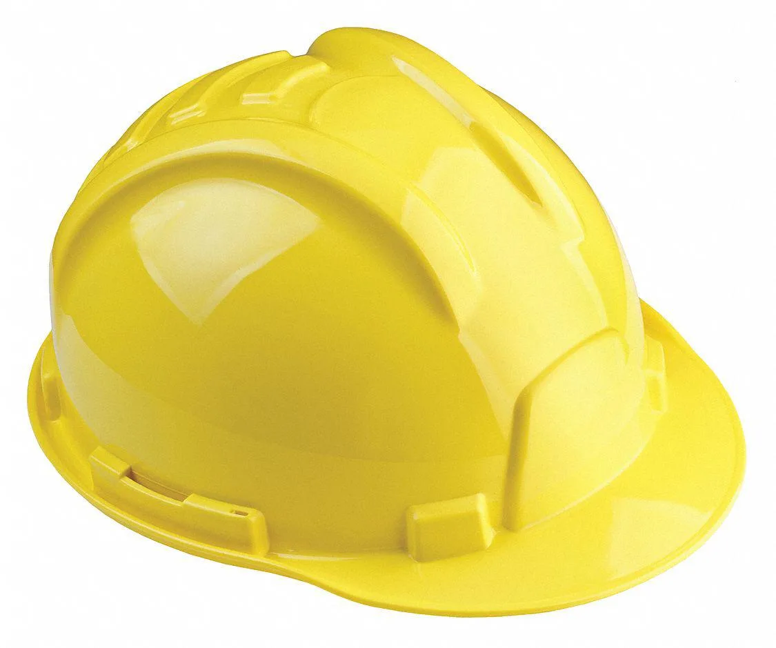 Yellow polyethylene hard hat with front brim and six-point ratchet suspension