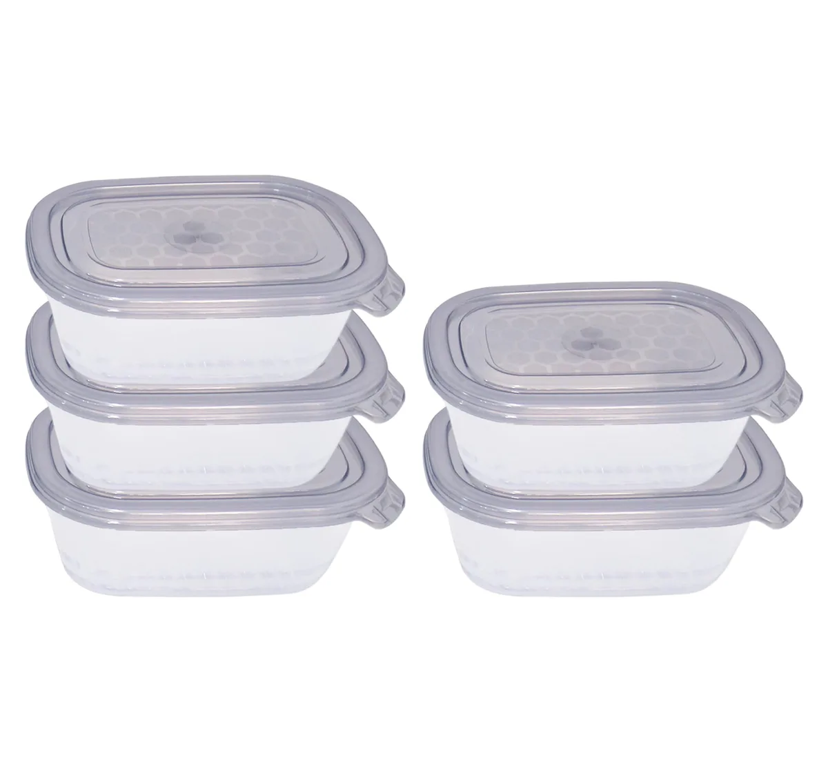 Five red rectangular plastic food containers with semi-transparent lids