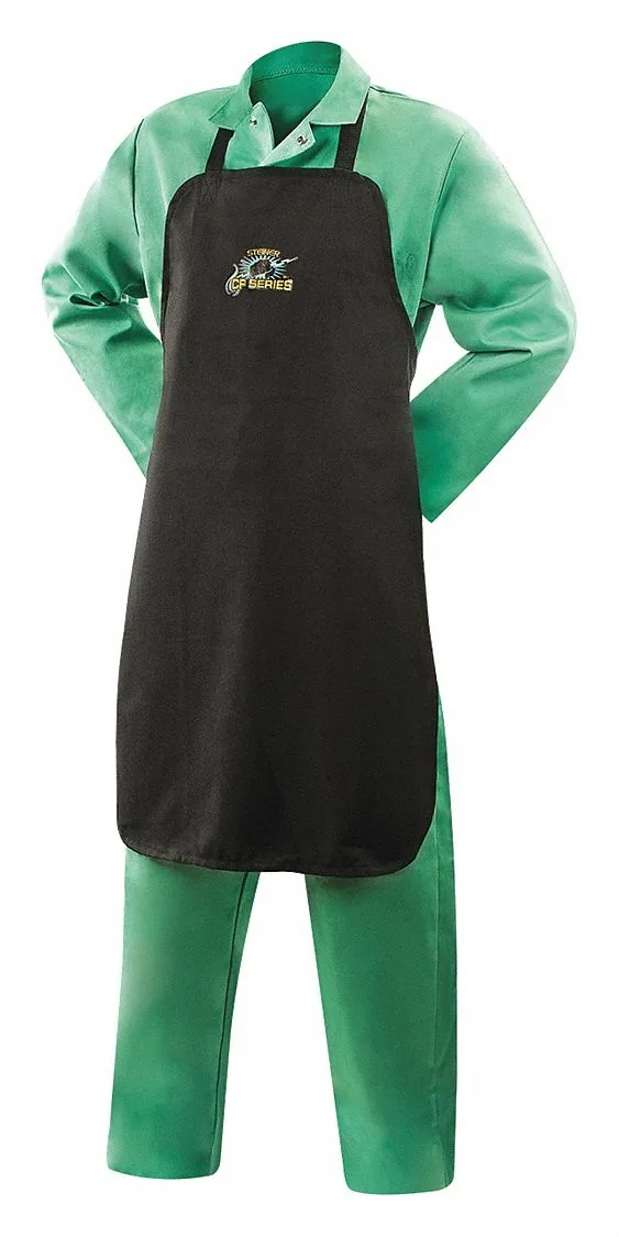 Black aramid welding apron, 36 inch length, adjustable neck and waist straps, no pockets