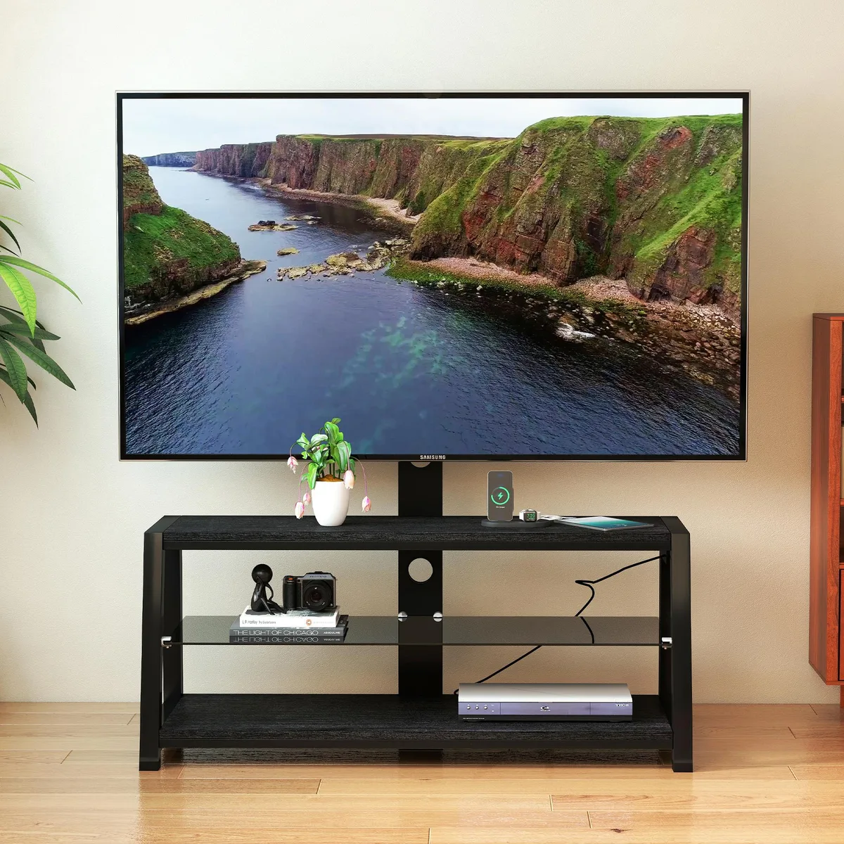 tuphen tuphen 3-Tier TV Stand Black Tempered Glass 32-65" Swivel Mount Charging Station — product photo