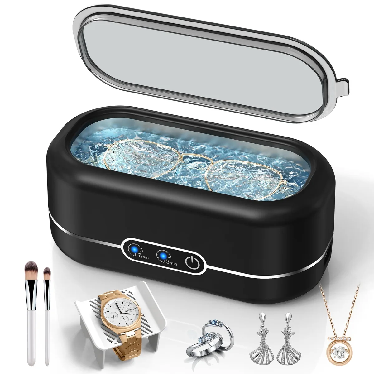 Black ultrasonic cleaner unit, compact rectangular shape, stainless steel tank visible inside