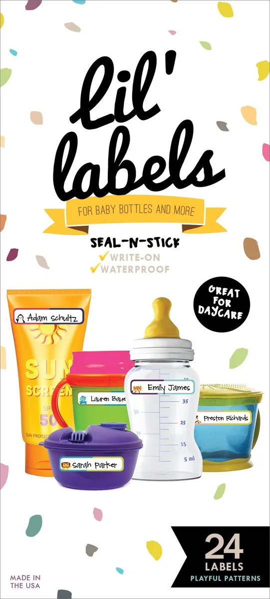 Sheet of 24 self-laminating write-on labels, playful pattern, 6.5 by 3 inches