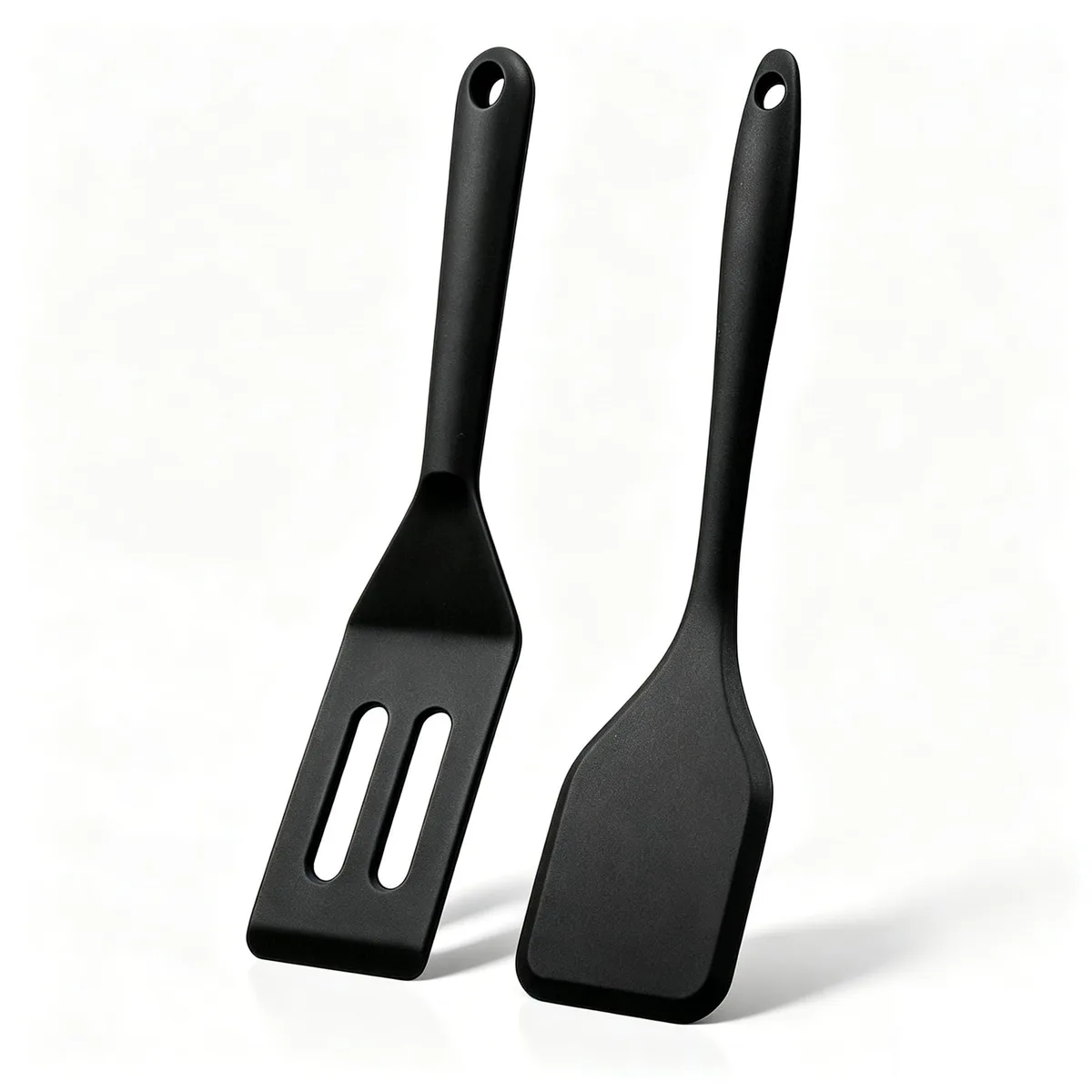 Two black silicone spatulas, one slotted one solid, 8.06 inches long with ergonomic handles