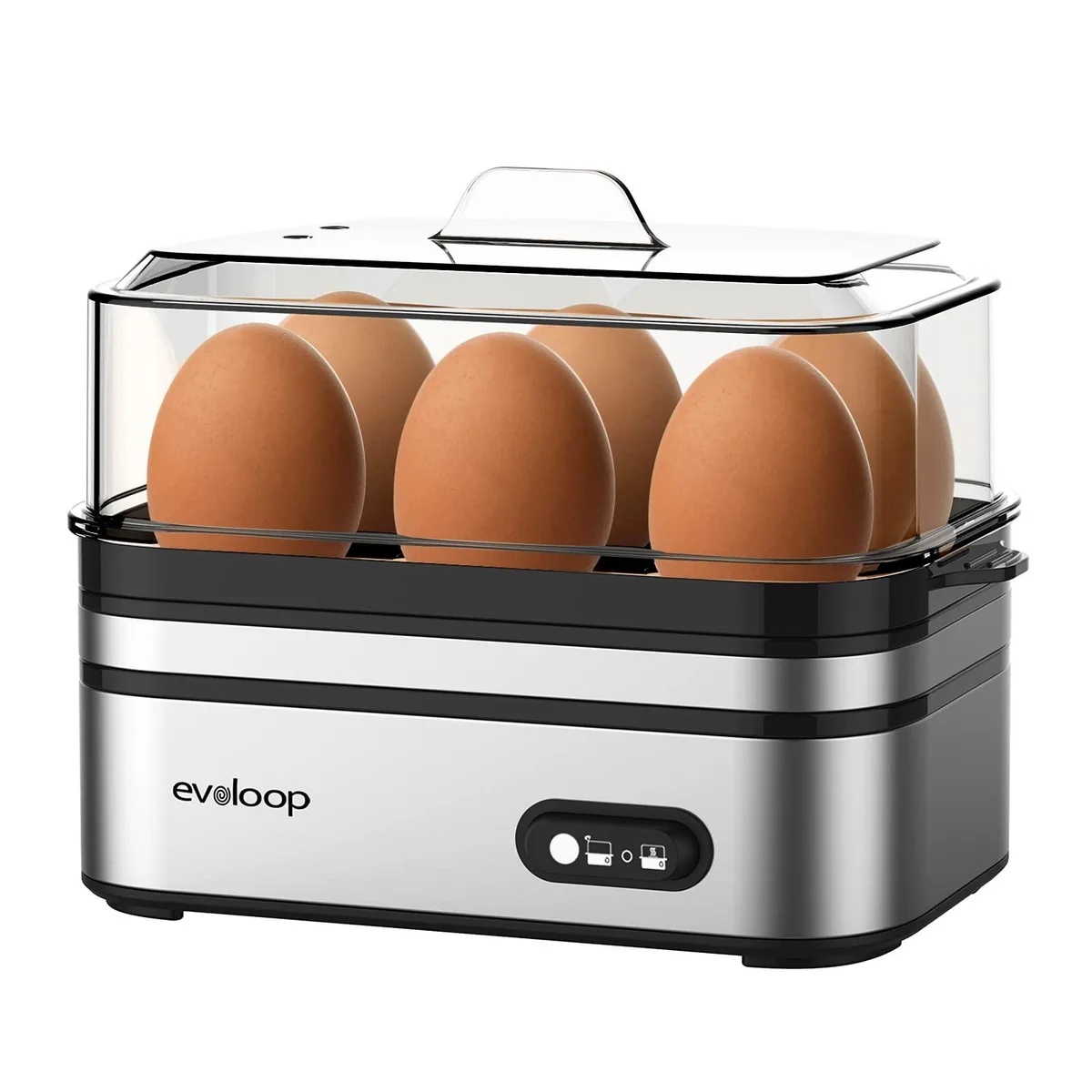White compact egg cooker with transparent lid and six-egg tray