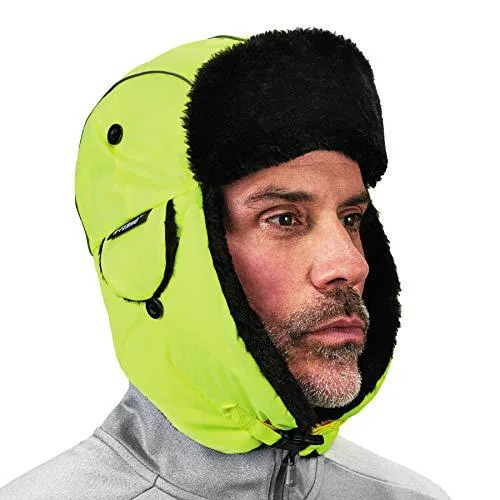 Lime trapper hat with faux fur trim and quilted satin lining