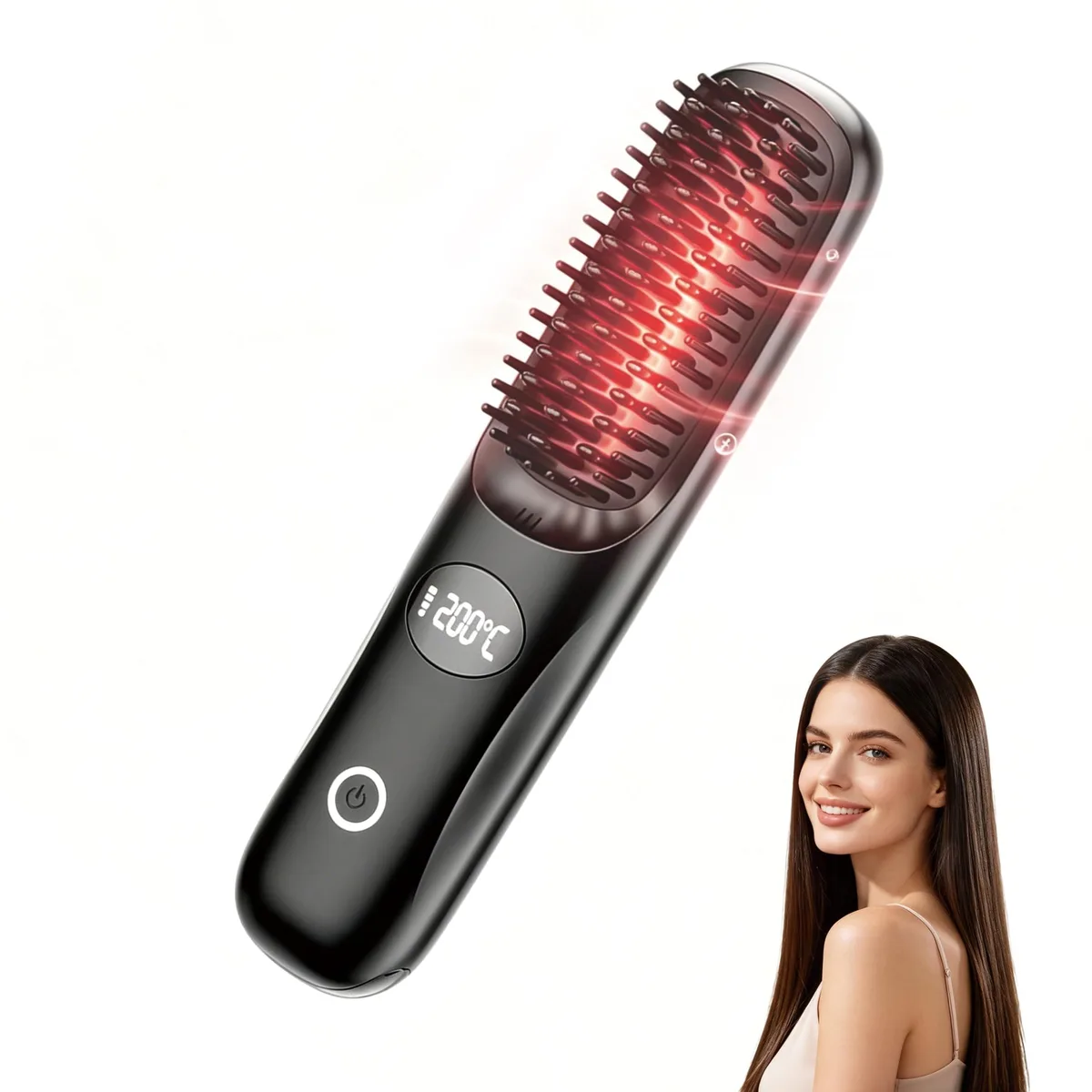 Black cordless straightening brush with ceramic teeth and heat shield