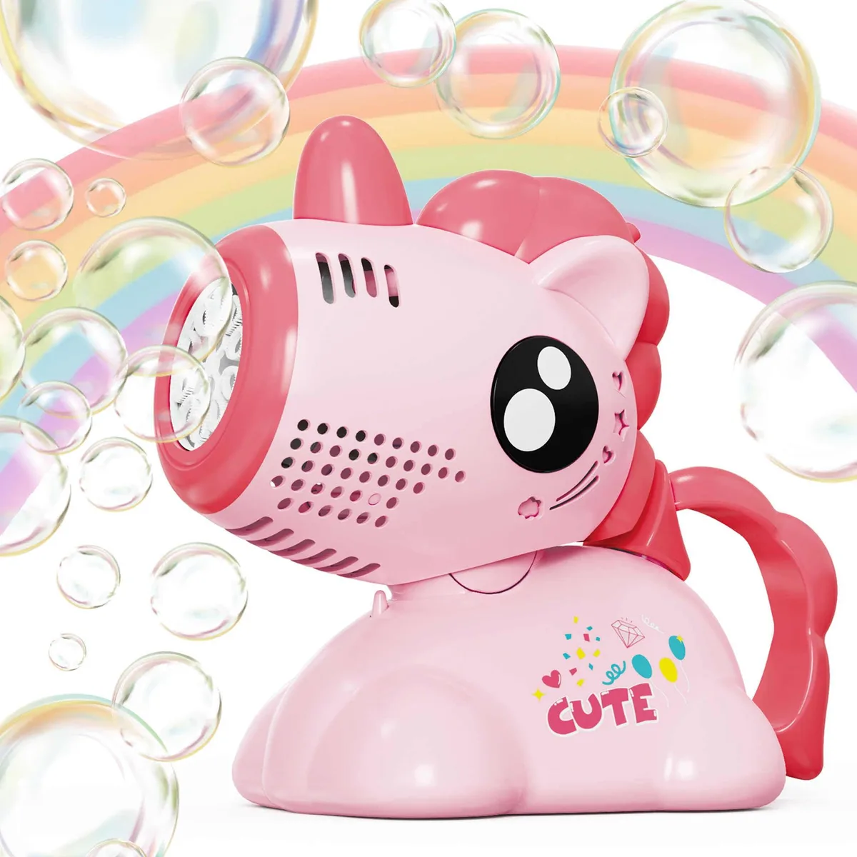 Pink unicorn-shaped bubble machine with LED lights and rechargeable battery