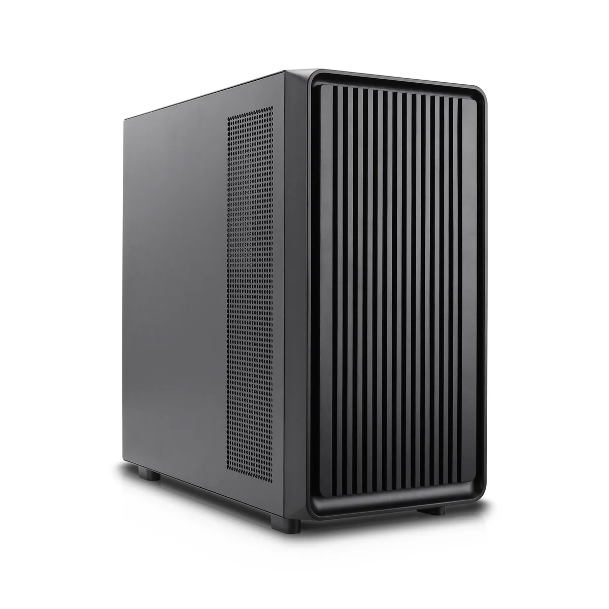 Black ATX mid tower case with mesh front panel and four 140mm PWM fans visible