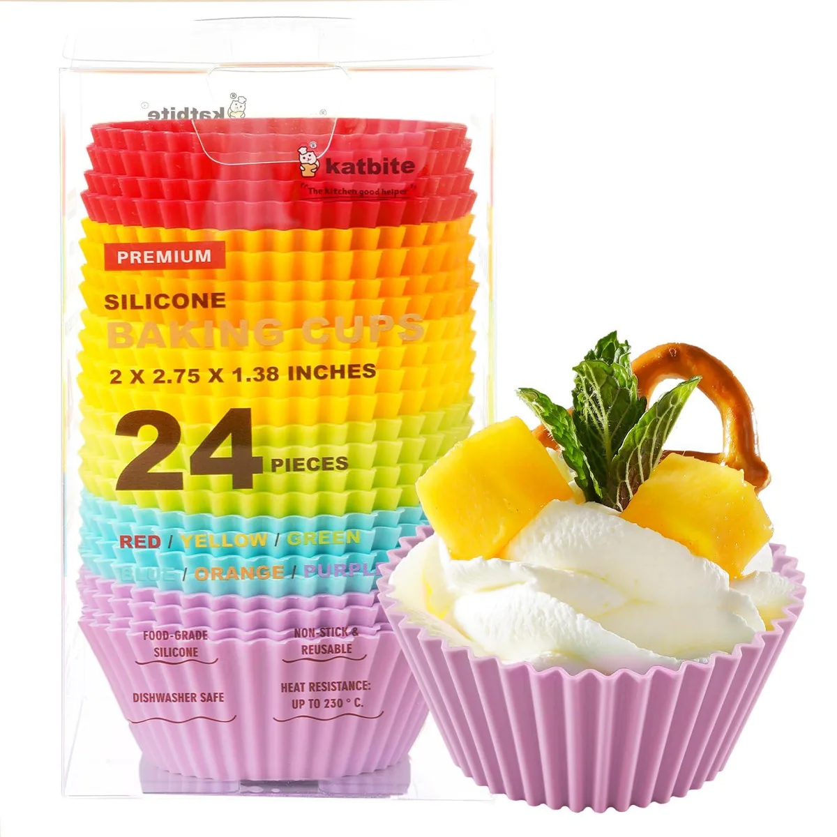 Twenty-four multicolour silicone baking cups standing upright in a grid
