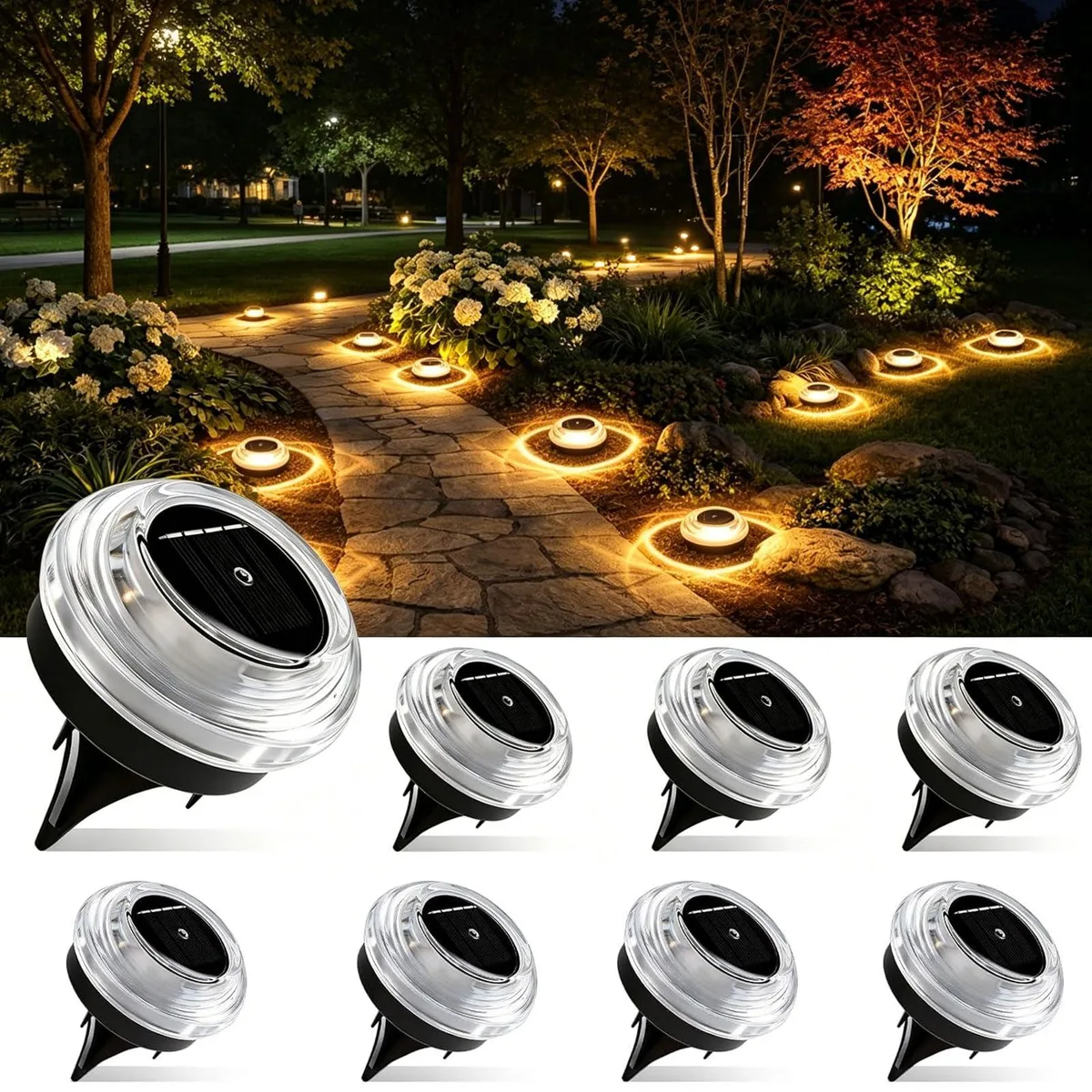 Eight low-profile black plastic discs with ground spikes laid out on grass