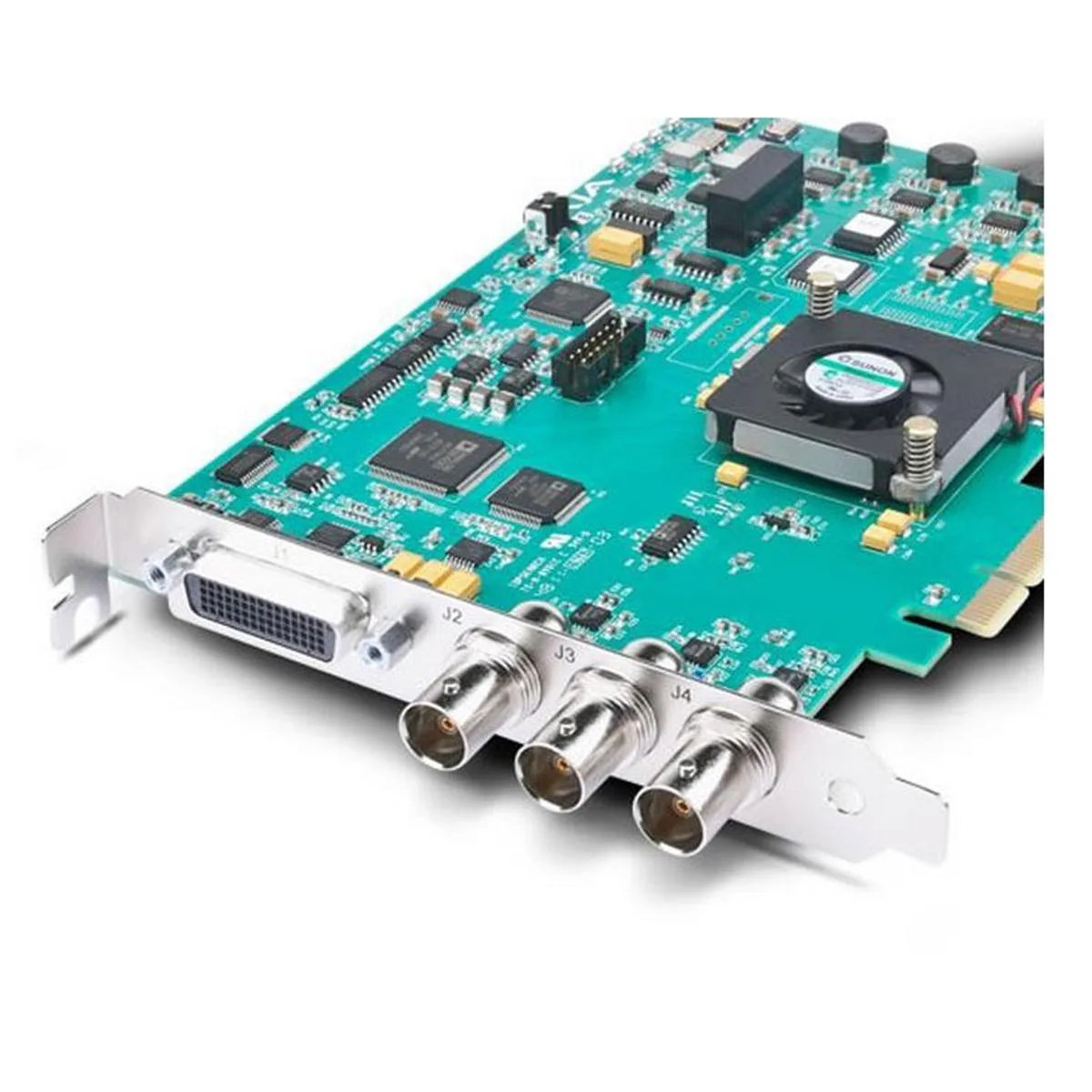 PCIe video capture card with external breakout box, silver metal finish, BNC and XLR connectors