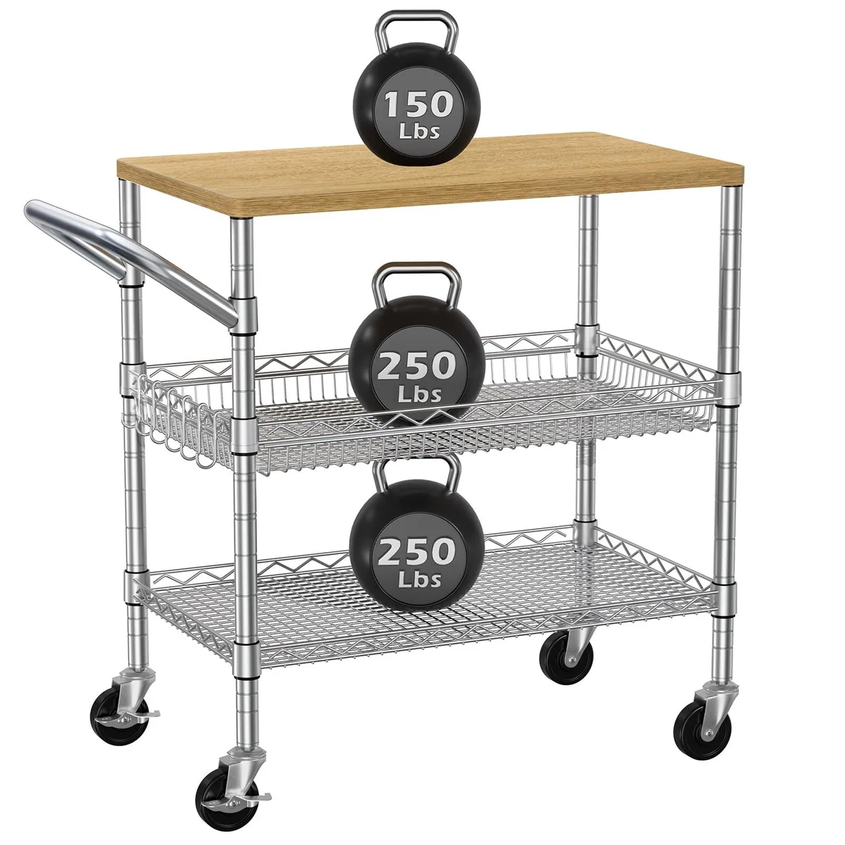  Mind Reader 3-Tier Rolling Kitchen Cart Wood+Chrome 35.4"L x 18.1"W x 31.9"H 650 lbs — product photo