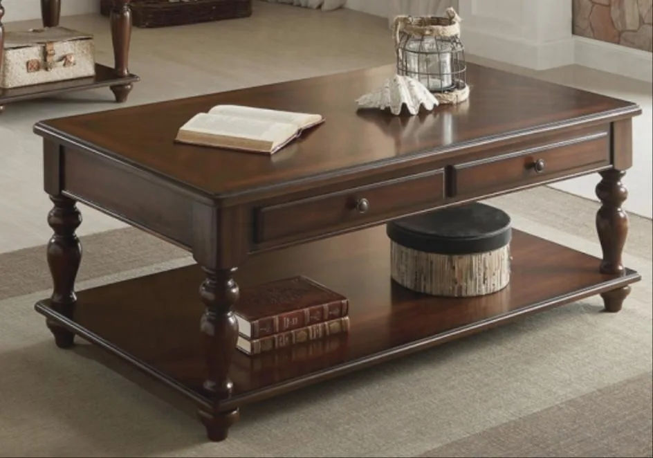 Rectangular walnut-finish coffee table with lift top and lower shelf, turned wooden legs