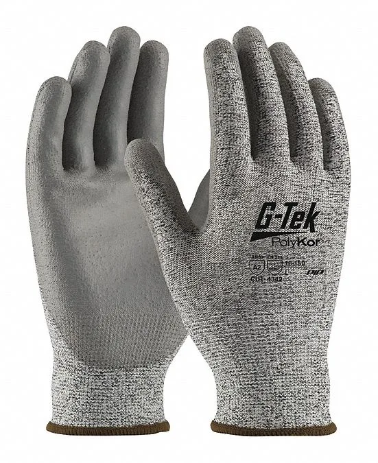 Gray cut-resistant knit gloves with polyurethane palm coating, size S, pack of 12