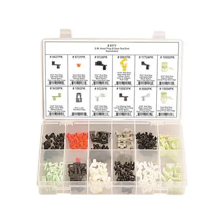 Zoro Select 8171 assortment box containing 137 hood prop and rod end clips in metal and nylon