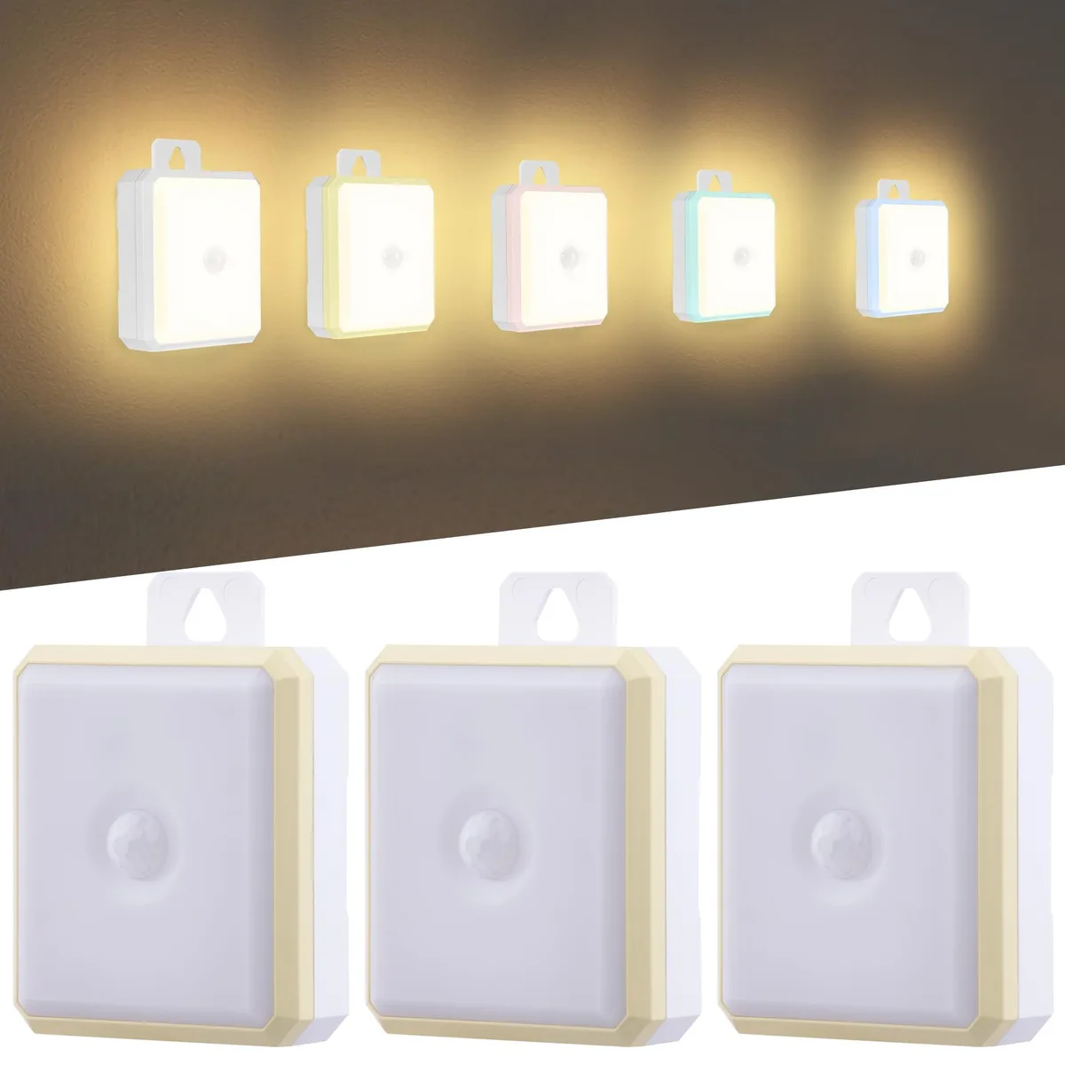 Three small white rectangular LED lights with adhesive backing shown in a 3-pack