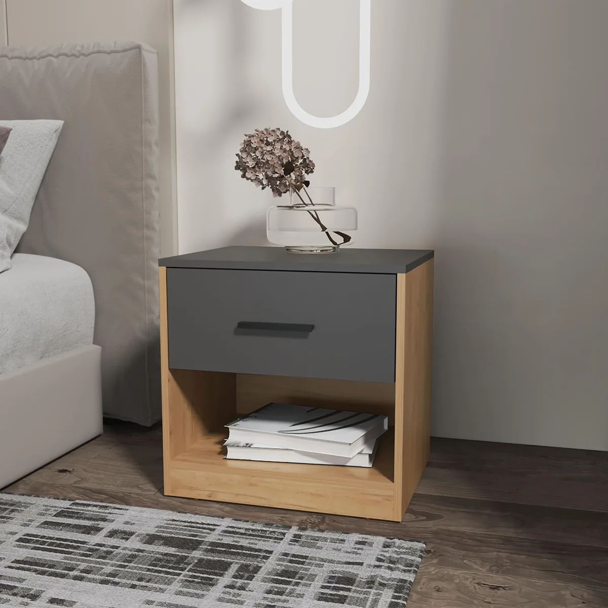 tuphen tuphen Solomon Nightstand with Drawer Natural Oak Matt Grey Bedroom Set 19.7" H W 159 D — product photo