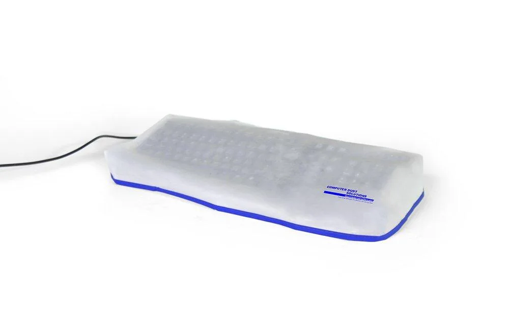  COMPUTER DUST SOLUTIONS KEY001-DC-28 Dust Cover Translucent Coconut Cream Blue Trim 18W x2H x7D — product photo