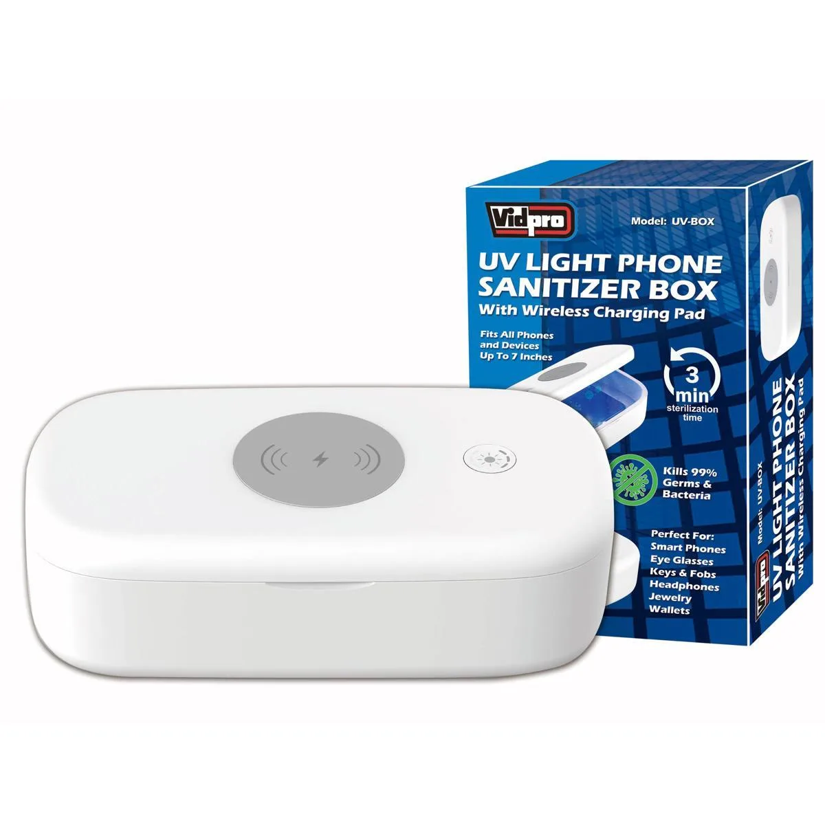 White rectangular UV sanitizer box with wireless charging pad on top