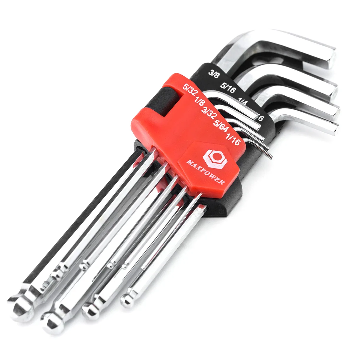 Nine ball-end hex keys in a rack, chrome finish