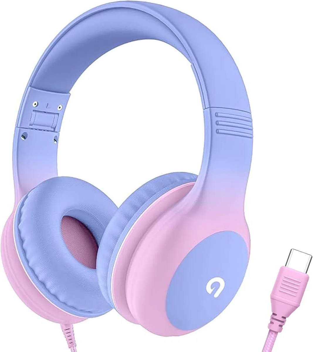 Pink over-ear headphones with USB-C cable and adjustable headband