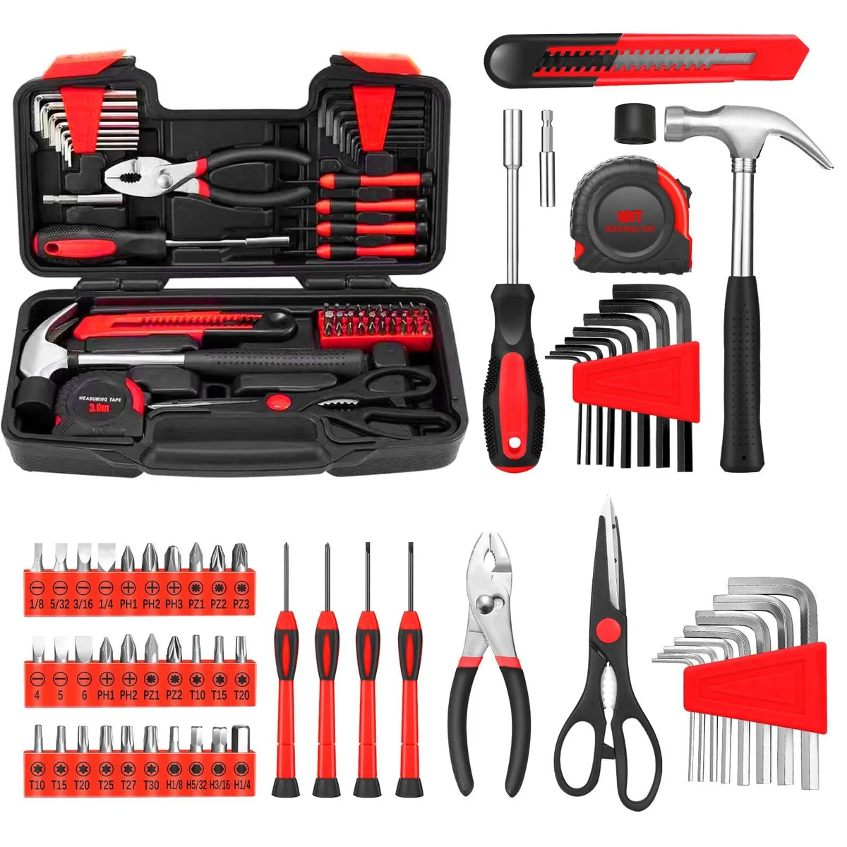 Red plastic storage case holding 58 steel hand tools including hammer, pliers, screwdriver bits, hex keys