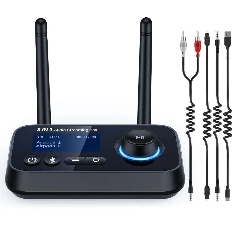 Compact rectangular Bluetooth 5.3 adapter with LCD screen and dual antenna, matte black finish, 3.3 by 1.2 by .47 inches