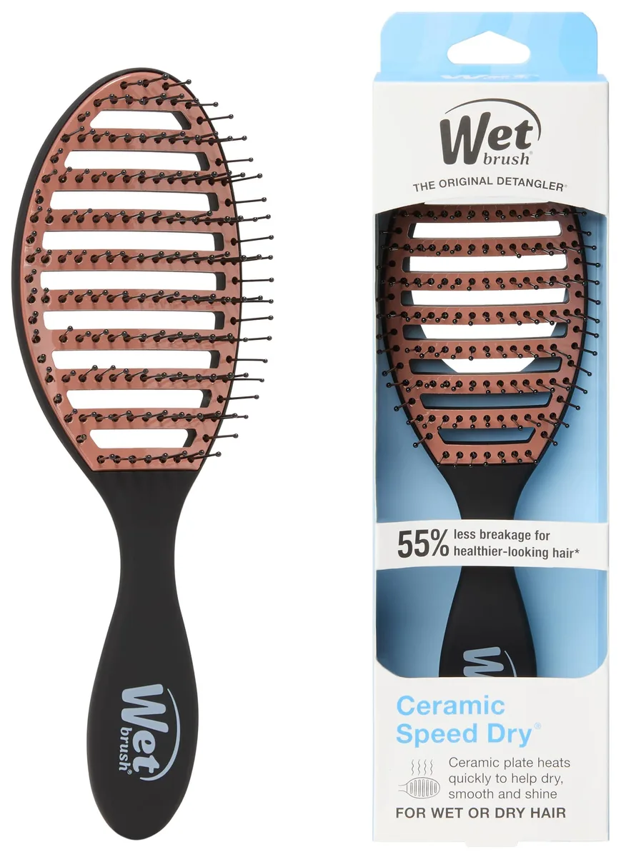 Black vented blow-dry brush with ceramic plate, lightweight design