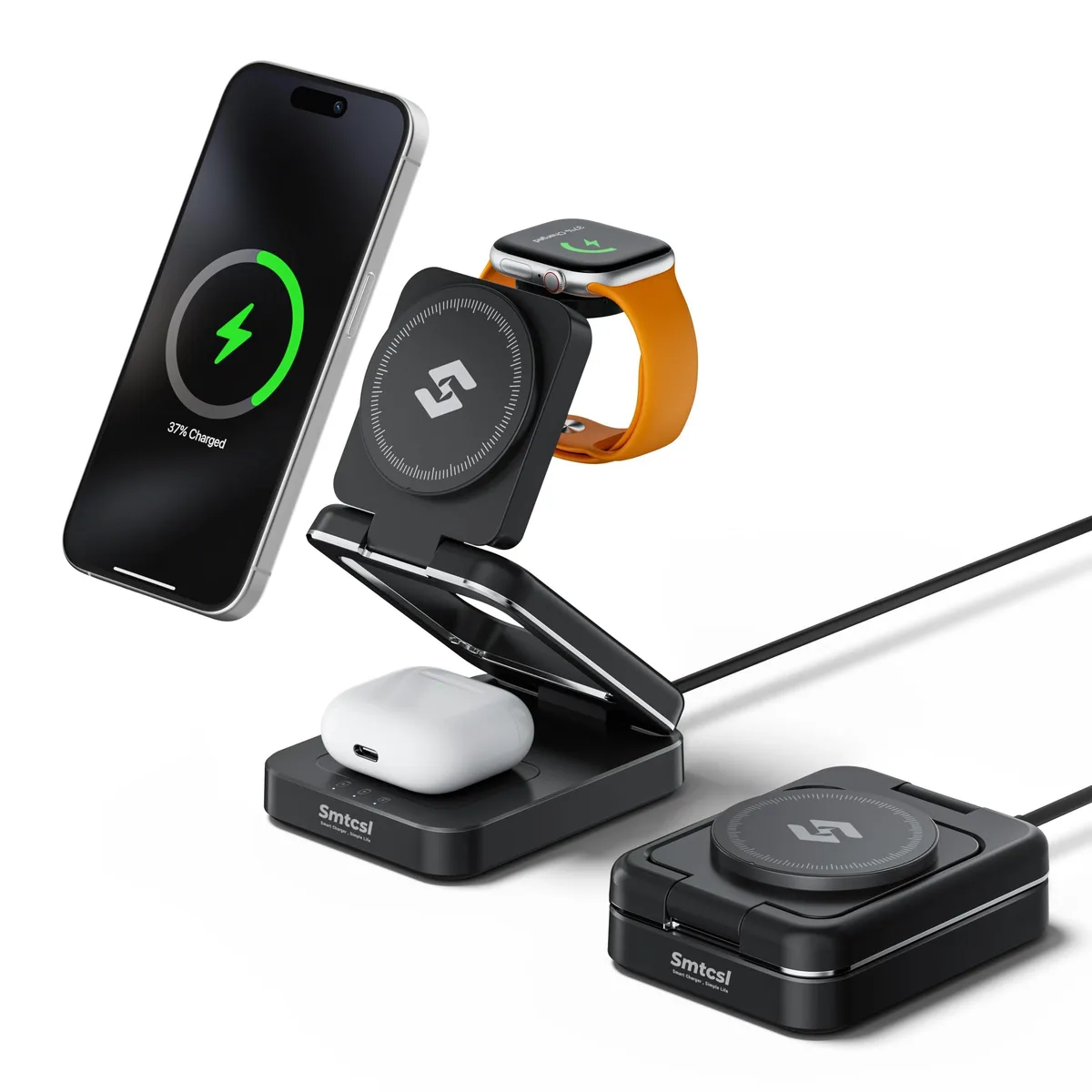 Foldable three-in-one wireless charger stand with magnetic pads for phone watch and earbuds