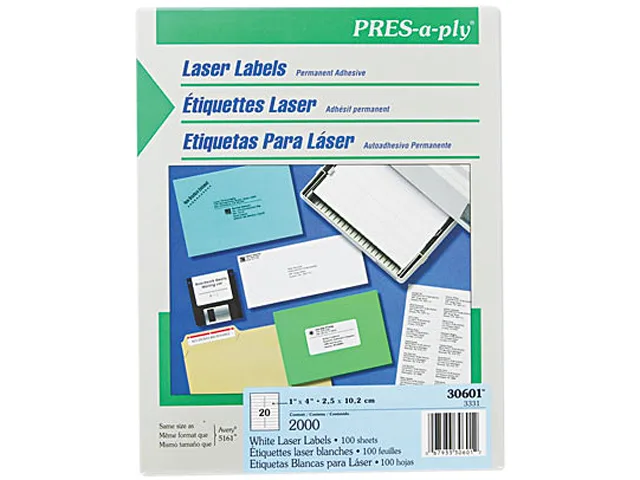 White rectangular laser address labels on letter-size sheets in a box