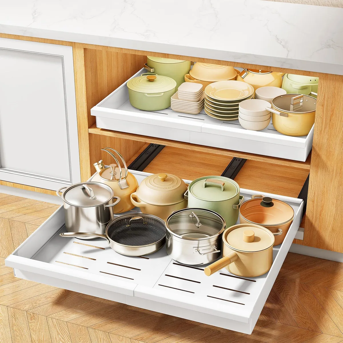 Two white expandable pull-out shelves with full-extension rails and adhesive mounting strips