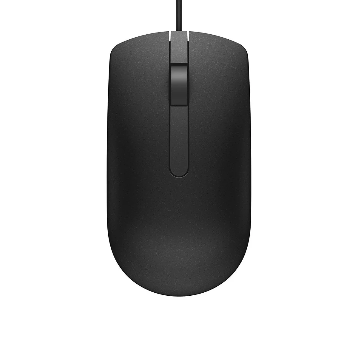 Black wired optical mouse with two buttons and a scroll wheel, ambidextrous shape